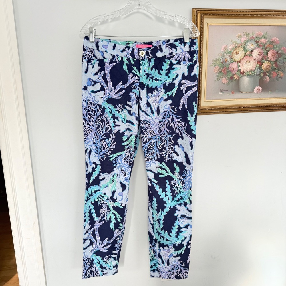 Lilly Pulitzer Swish & Sway Pants Deep Indigo Print Size 10 Ankle Coral Reef